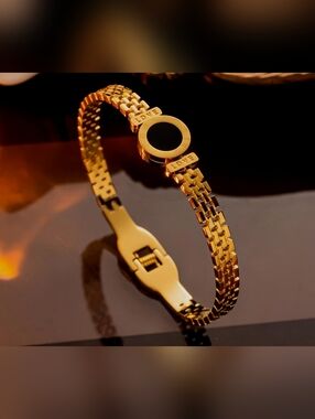 Brass 18k Gold "Plated" Bracelet with Black Circle Accent & "LOVE" Detail-Unisex